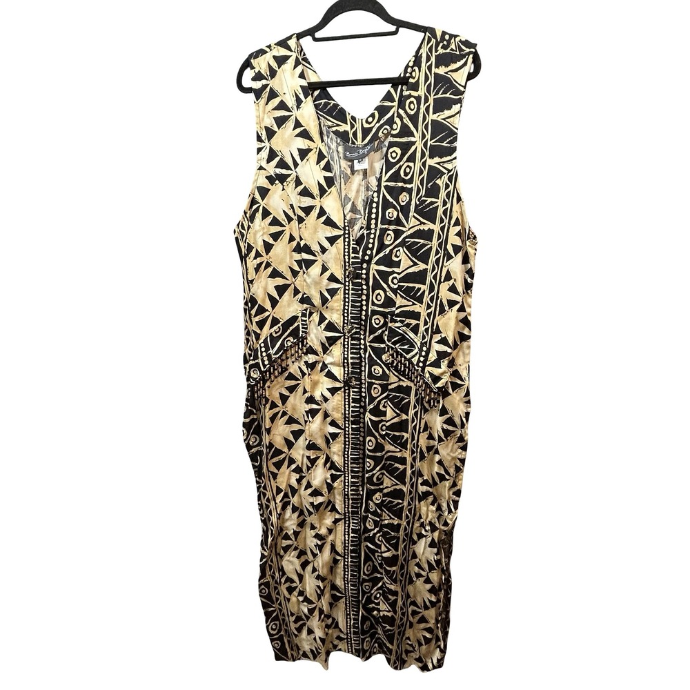 Bonnie Boynton Vintage Rayon Geometric Tribal Print Beaded Long Vest Duster L